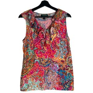 Lauren Ralph Lauren Womens 1X Paisley Ruffle V-Neck Sleeveless Cotton‎ Top Pink